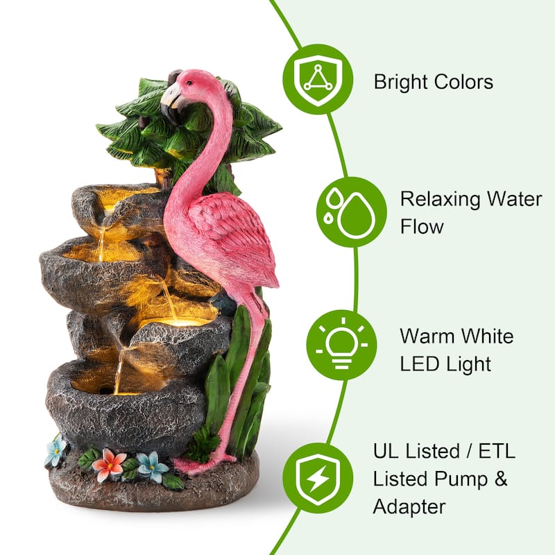 Glitzhome 23.5"H 4-Tiered Flamingo Polyresin Stone Outdoor Fountain with Lights