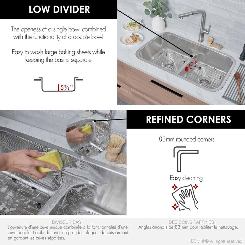 STYLISH 32.25 inch Low Divider Double Bowl Undermount and Drop-in Kitchen Sink - 32.25" x 18.9" x 9"
