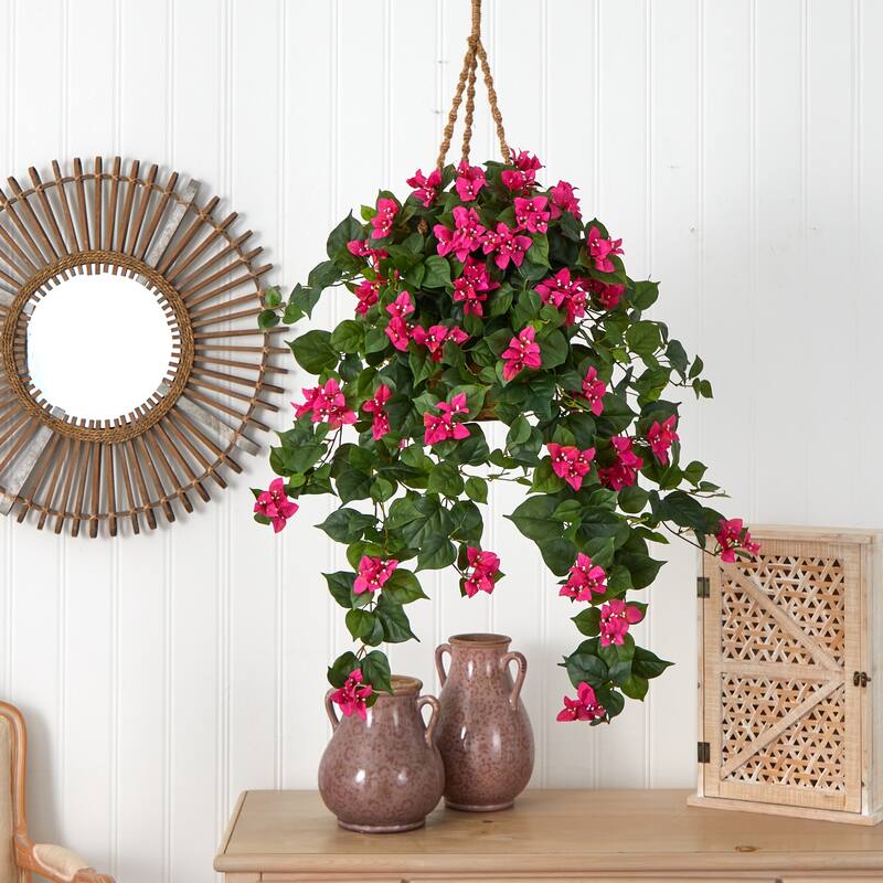 Silk Hanging Basket - Decorative Faux Plant Basket - Indoor Accent Decor- Home & Office