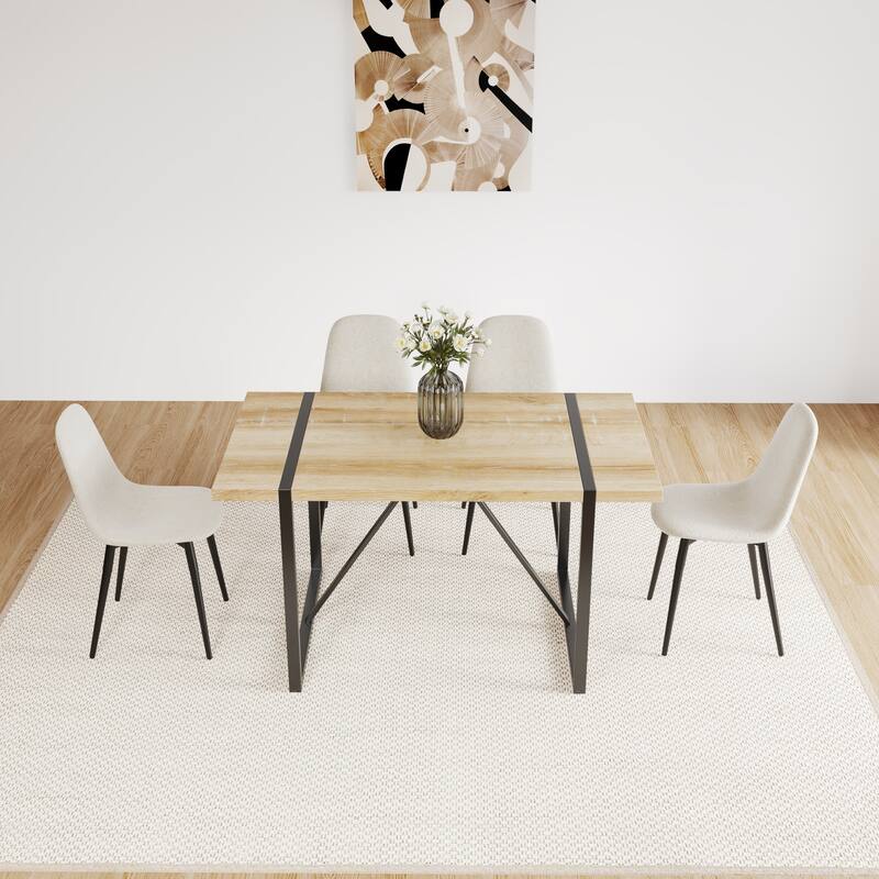 MDF Dining Table and Dining Chairs Set of 4,Wooden Kitchen Table Set,Metal Base & Legs,Dining Room Table and Suede Chairs