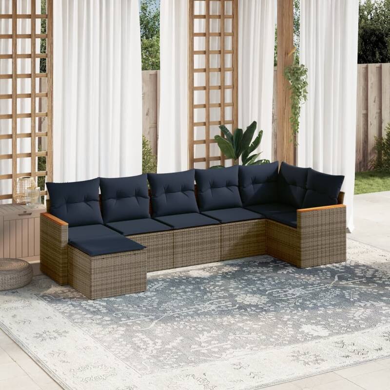 vidaXL Patio Sofa Set with Cushions Outdoor Conversation Furniture Poly Rattan - 24.4x 24.4x 27.2 - Grey and Blue-Without table