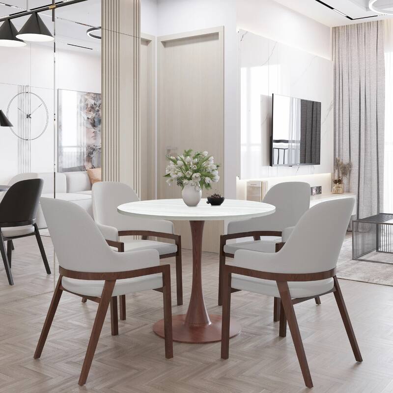 Bristol 27" Round Dining Table with MDF Top and Walnut Steel Pedestal Base for Modern Kitchen and Dining Room