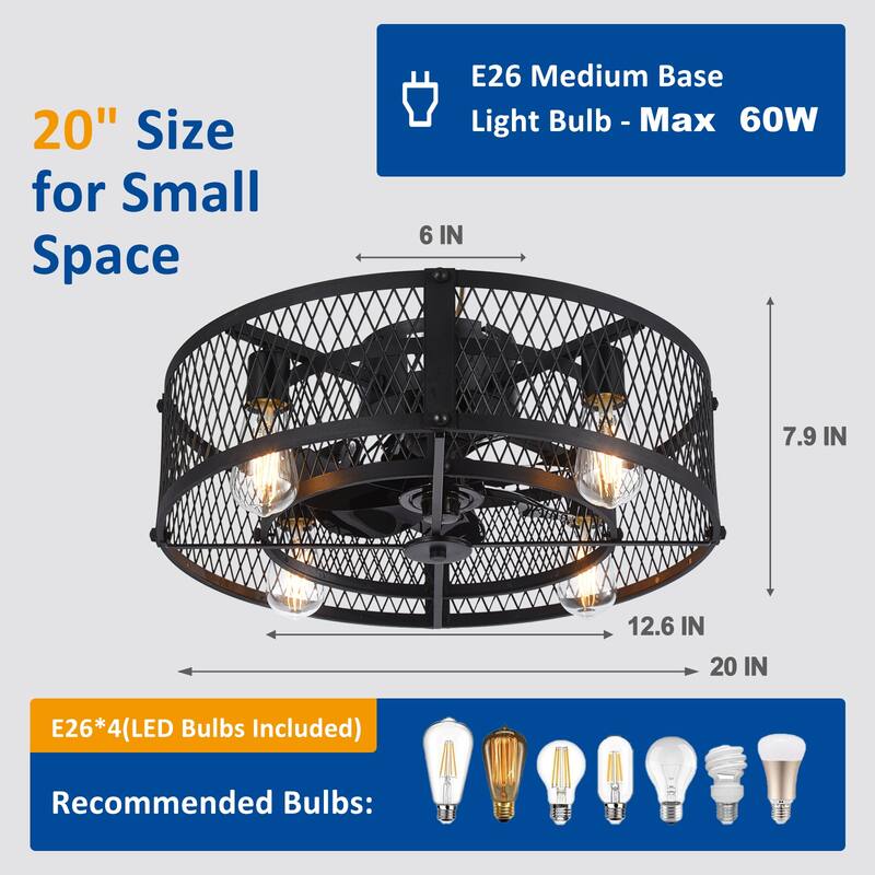 20-26Inch Caged Ceiling Fan with Light and Remote: APP Control Quiet DC Motor (E26 Bulbs Included)