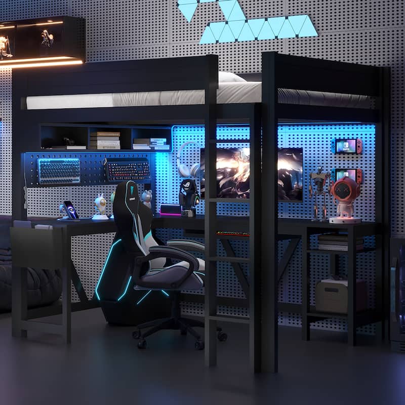Wood Full Size Gaming Loft Bed Frame with Computer Desk, Grid Storage Panel, Storage Shelves, Cabinet, LED and Charging Station