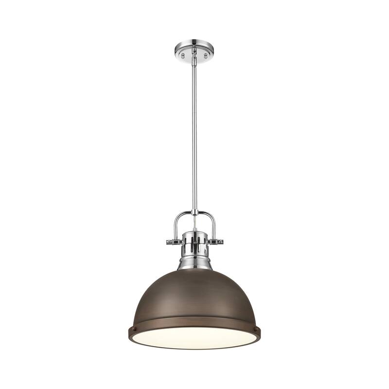 Yep by Golden Lighting Duncan 1-light 14in Rod Hung Pendant in Chrome and Rubbed Bronze shade