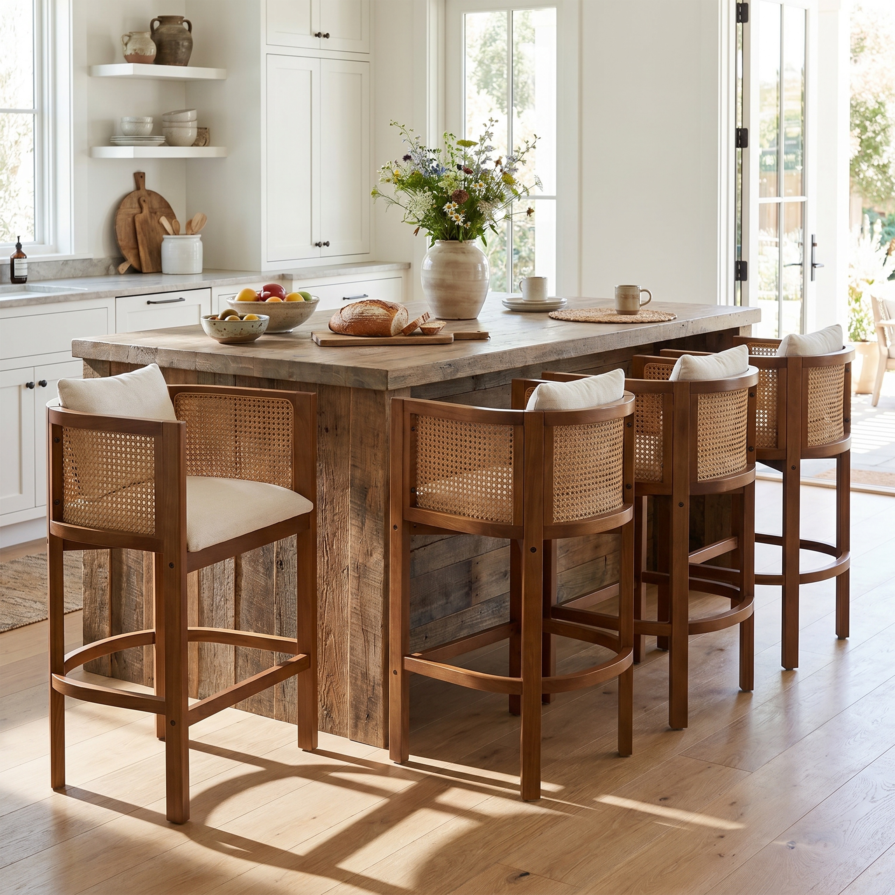 Christopher Knight Home - Genie Boho Set of 4 Counter Stools with Wood Frame, Woven Rattan Backrest & Upholstered Cushioned Seat