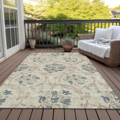 Machine Washable Indoor/ Outdoor Chantille Floral Scroll Rug
