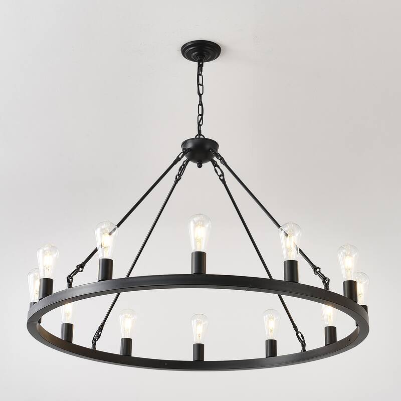 39.4 Inch Black Extra Large Wagon Wheel Chandelier,12-Lights Industrial Round Ceiling Pendant Adjustable Chain-E26