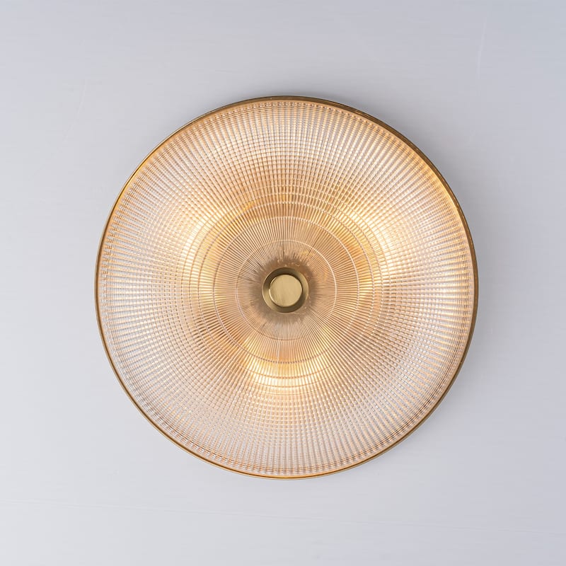 3-Light Industrial Gold Semi Flush Mount Lights with Grid Textured Glass - Brass