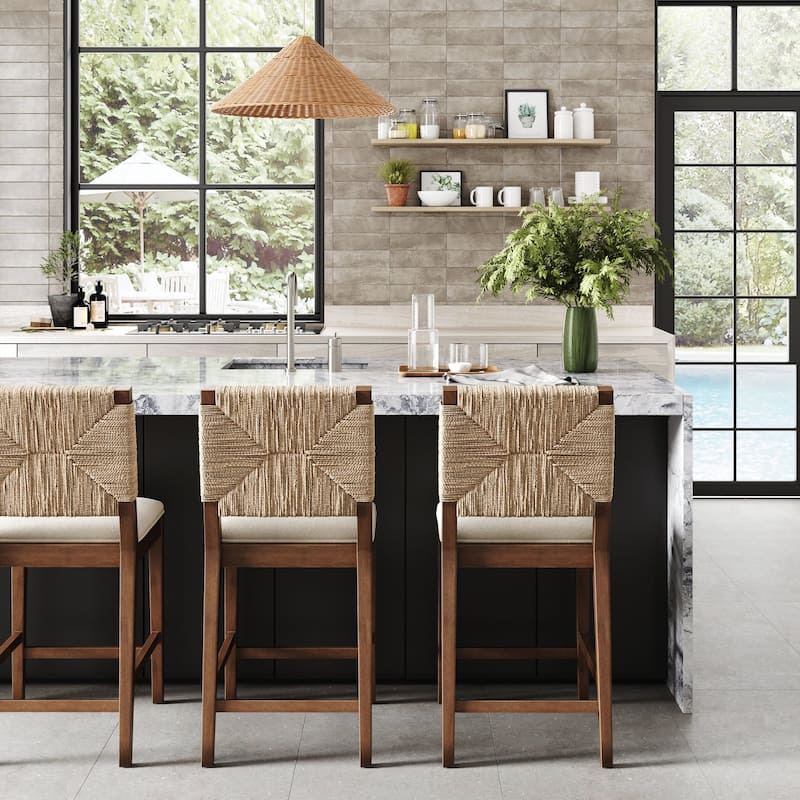 Beacon Bohemian Boucle Bar Stool, Upholstered Counter Height Chair with Solid Wood Frame and Woven Seagrass Back - Set of 3 - Cream Boucle/Dark Brown - Counter Height