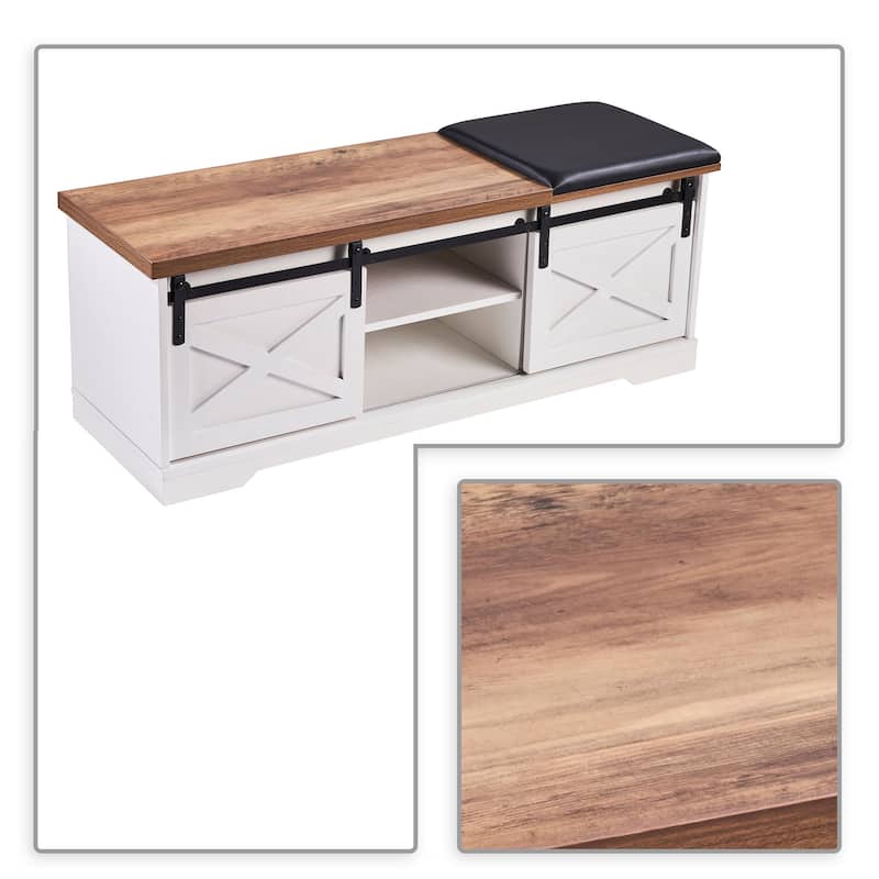 Vintage Farmhouse Style Wooden Storage Bench with Sliding Doors