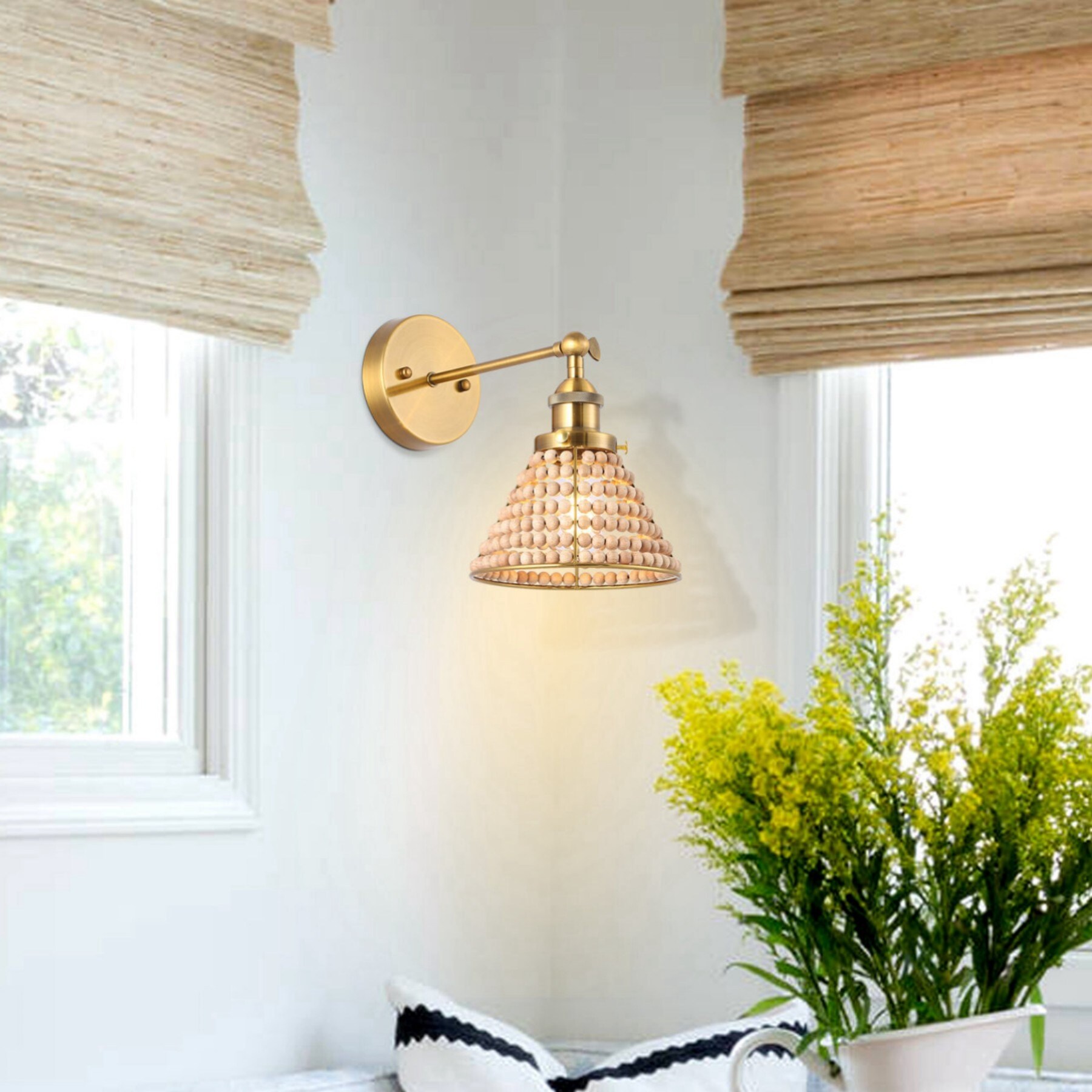 Wood bead shop wall sconce