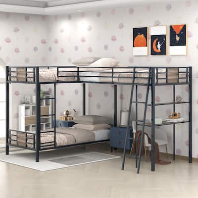 L-Shaped Twin Over Twin Bunk Bed with Loft Bed and Desk for 3, Space-Saving