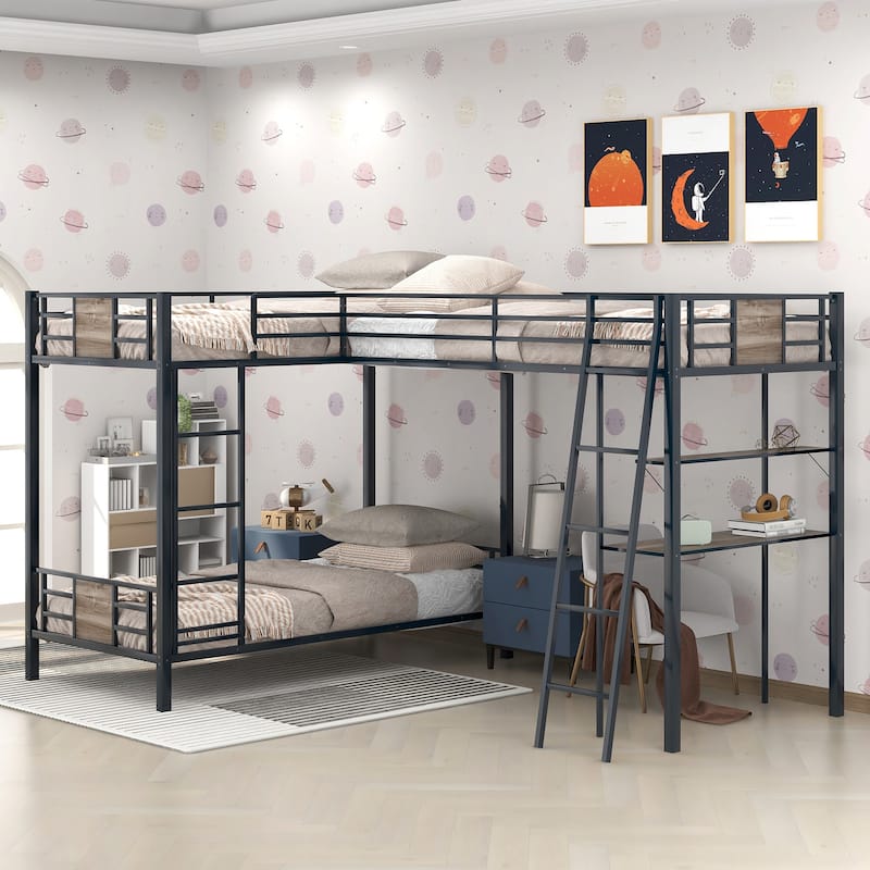 L-Shaped Twin over Twin Bunk Bed with Twin Size Loft Bed with Desk and Shelf ,Brown