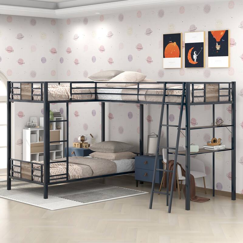 Twin Metal L-Shaped Bunk Bed with Loft, Shelves, Desk, and Guardrails