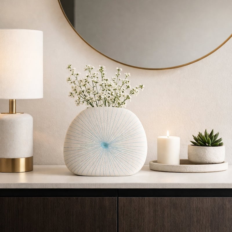 Round Shell Ceramic Vase - Stylish Dotted Pattern Flower Vase