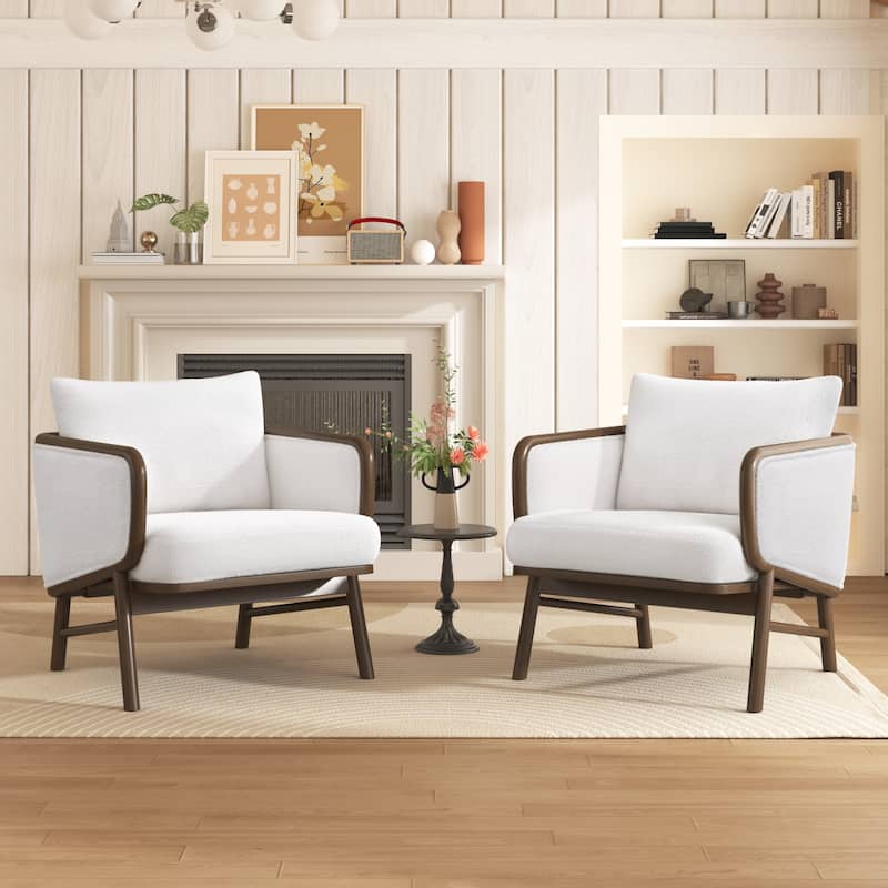 Sherpa Fabric Accent Chair Set Of 2,Upholstered Armchair With Solid Wood Frame,Comfortable Contemporary Lounge Chair - White