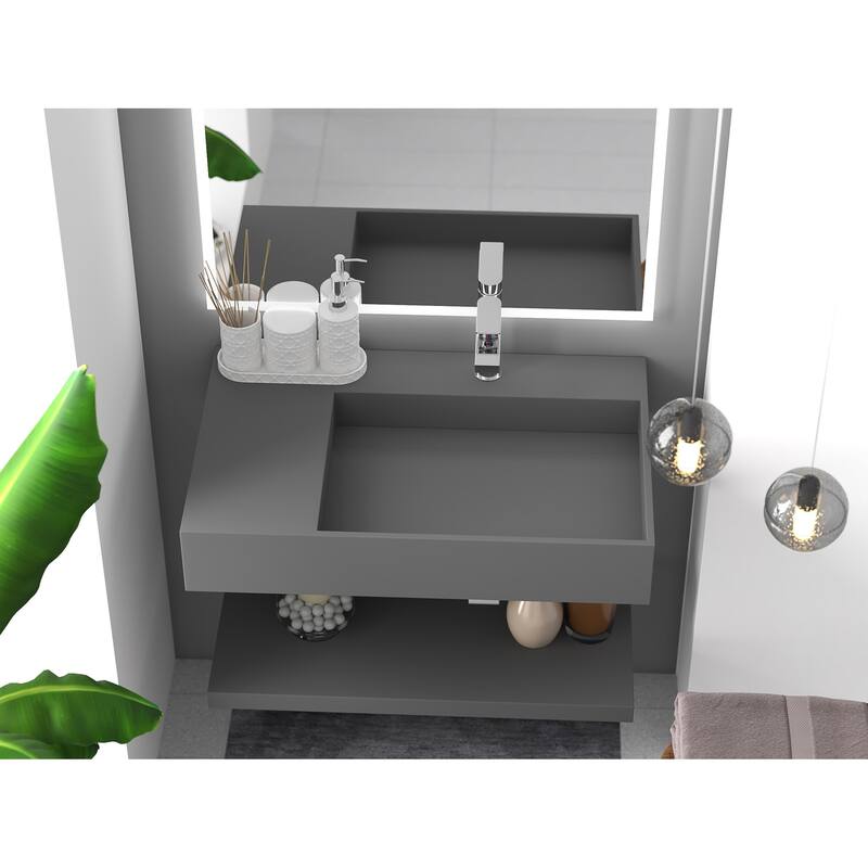 Juniper Stone Solid Surface Wall-mounted Vessel Sink - 30" Right Basin - Grey