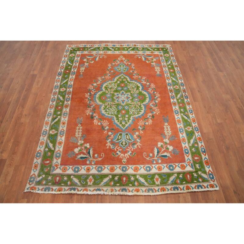 Hand Knotted Oriental 100% Wool Carpet Traditional Floral Oranges & Rust Tabriz Area Rug - 5' 10'' X 4' 6''