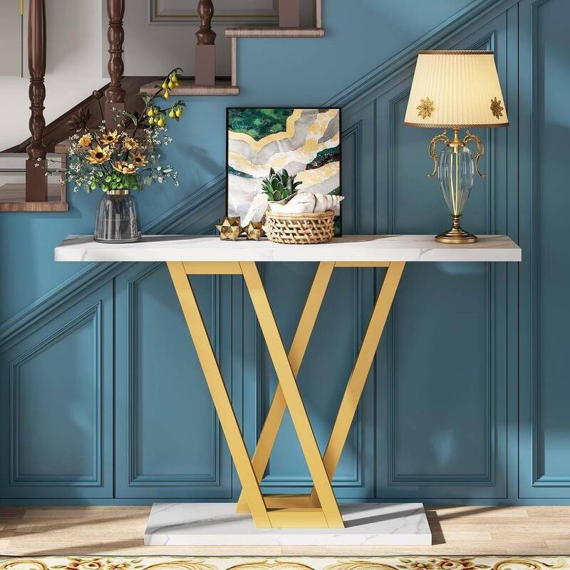 Multipurpose Living Room Console Table with Faux White Marble Top and Gold Metal Frame - 43.31''W x 11.81”D x 31.5”H
