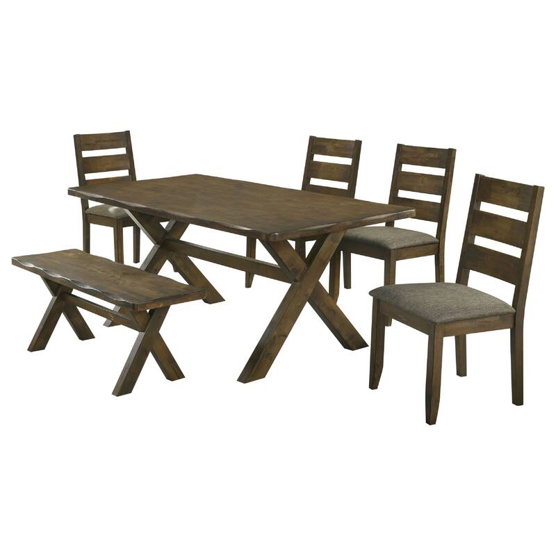 Siny 6pc Dining Table Set, Nutmeg Brown Finish, 4 Padded Chairs and Bench
