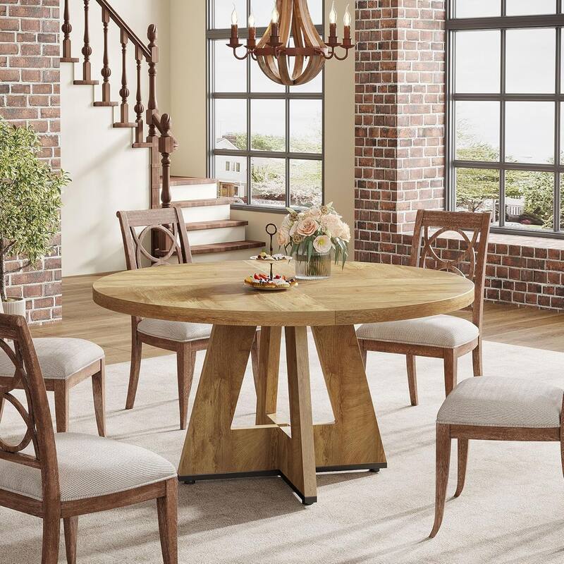 47" Round Dining Table for 4-6 People Rustic Wood Table with Pedestal Base for Kitchen Dining Room Living Room