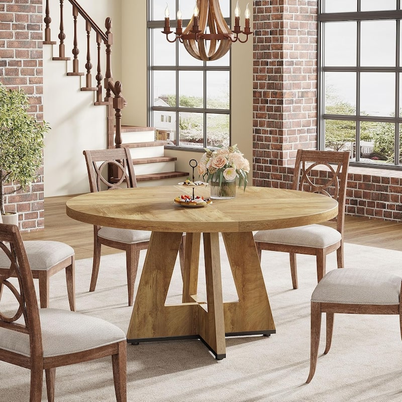 47" Round Wood Dining Table 4-Seater Farmhouse with Wooden Tabletop Cross Base for Dining Room/Kitchen