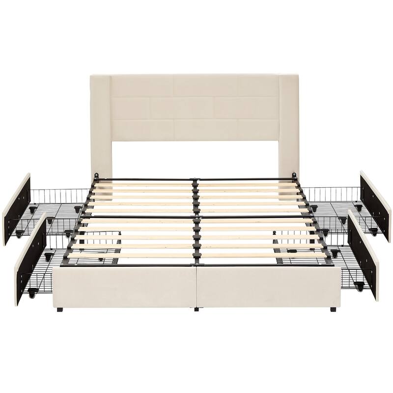 VECELO Upholstered Storage Bed Frame with 2 Side USB Ports and 4 Big Space Drawers, Velvet Headboard and Charging Station-Ports