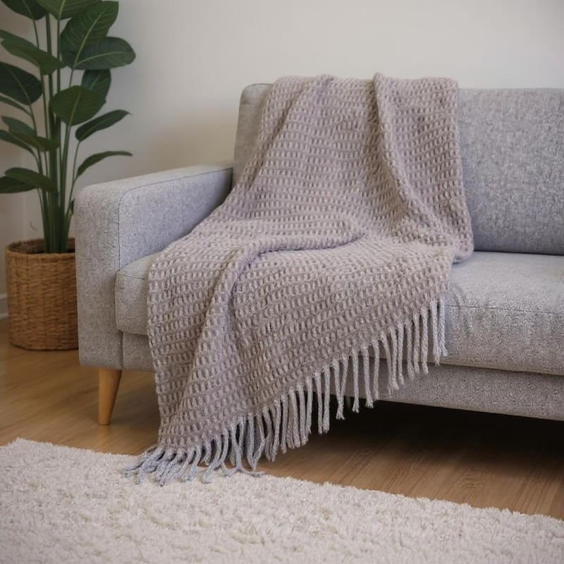 HomeRoots 55" X 70" Taupe And Gray Cotton Blend Woven Checkered Plush Throw Blanket with Fringe - Throw - Taupe/Gray