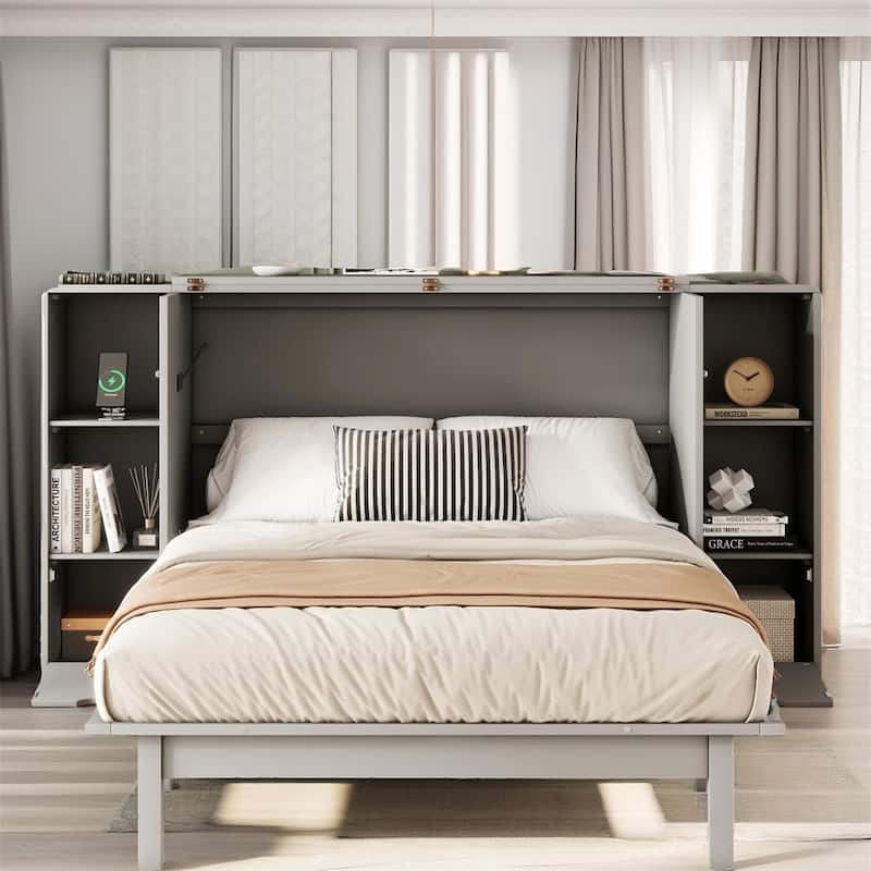 Full Size Murphy Bed with Shelves, Drawers and USB Ports