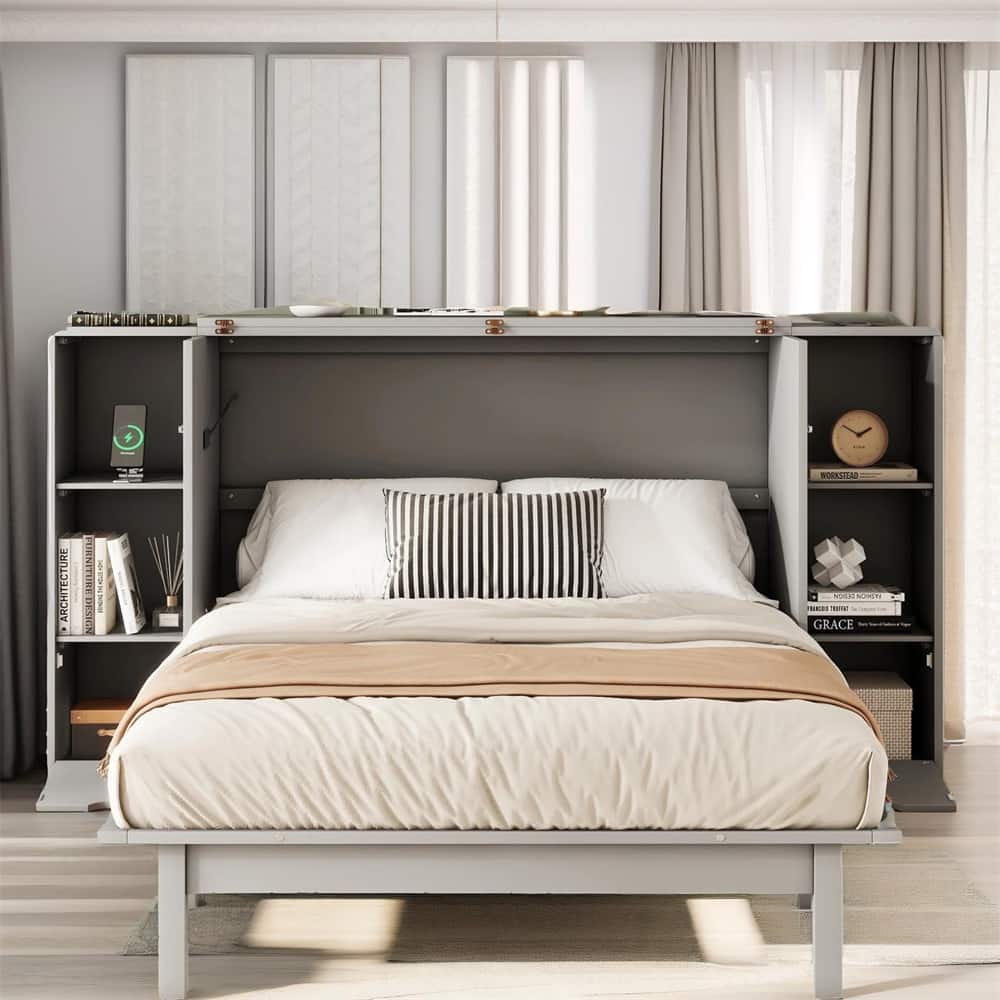 Full Size Murphy Bed with Shelves, Drawers and USB Ports