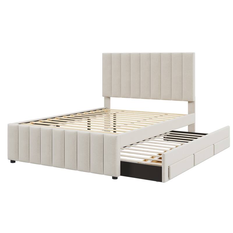 Full Size Upholstered Platform Bed with Trundle And 3 Storage Drawers