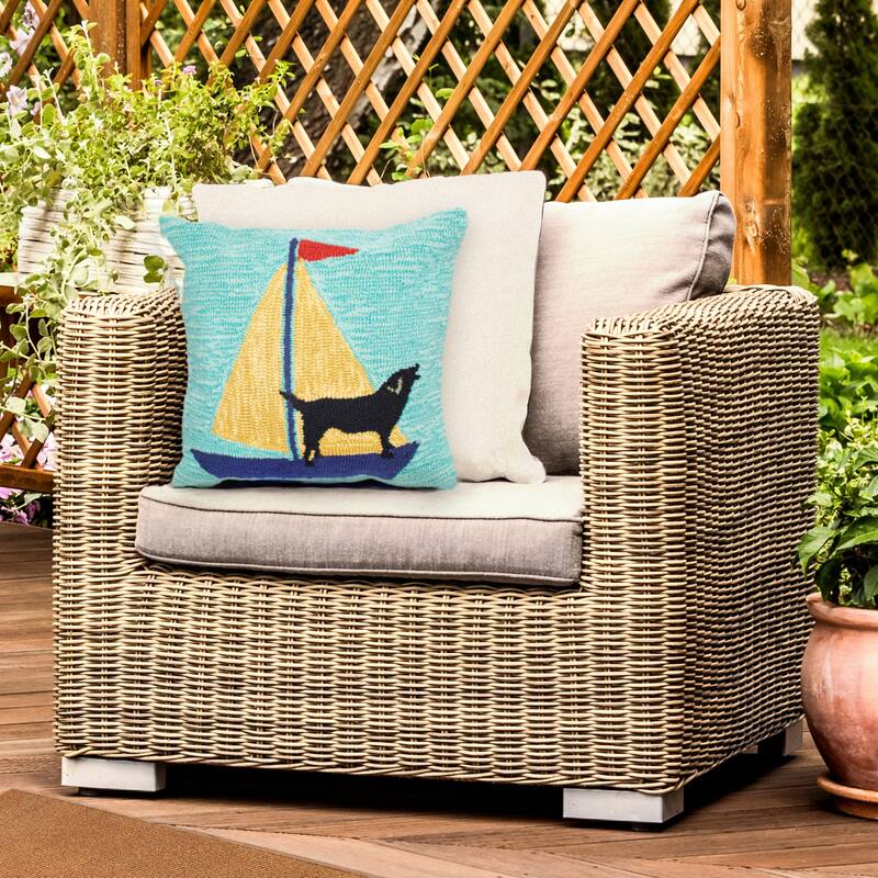 Liora Manne Frontporch Sailing Dog Indoor/Outdoor Pillow Yellow 18" Square - Accent - 18" x 18" - Polyester - Blue