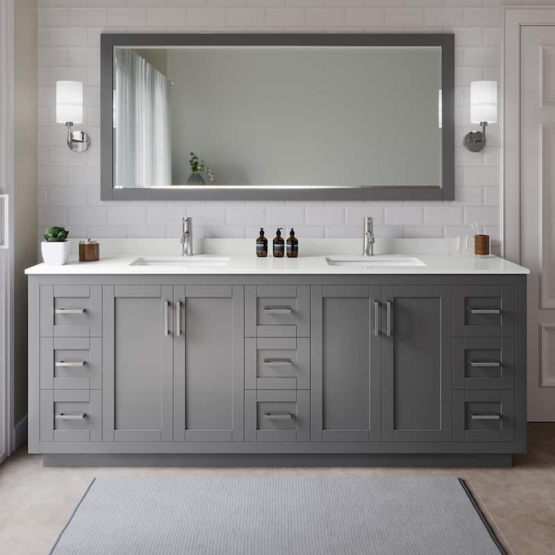 Wyndham Collection WCF292984D-QTZ-UNSMXX Miranda 84" Free Standing - Dark Gray / White Quartz Top / Brushed Nickel