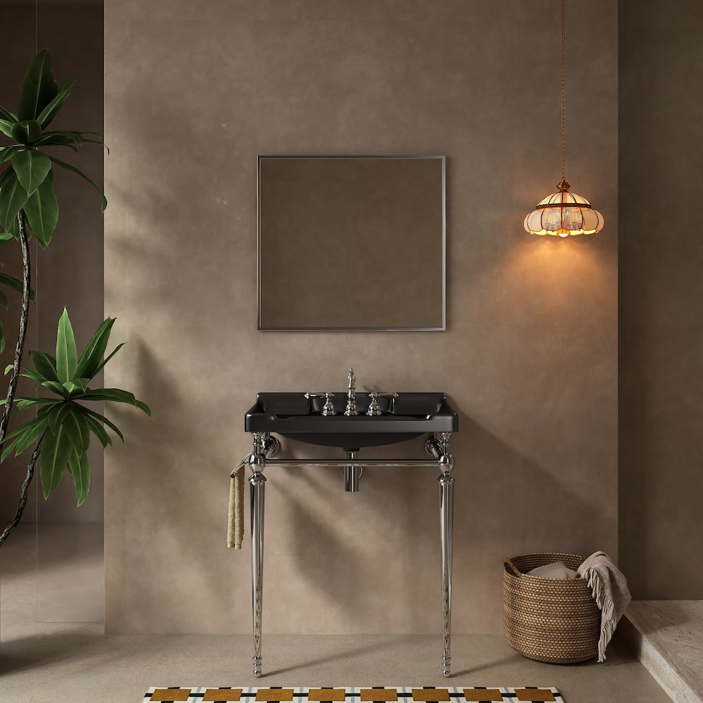 28" Bathroom Console Sink, Wall-Mounted Black Ceramic Vanity Basin with 3 Pre-drilled Faucet Holes