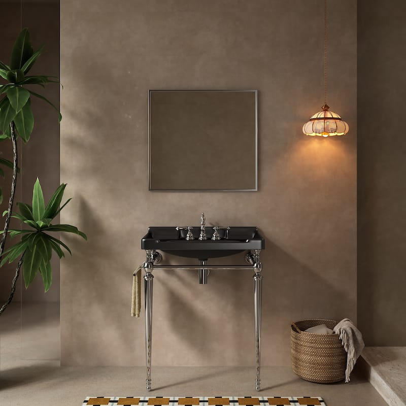 Bathroom Console Sink, Wall-Mounted Black Ceramic Vanity Basin with Pre-drilled Faucet Holes