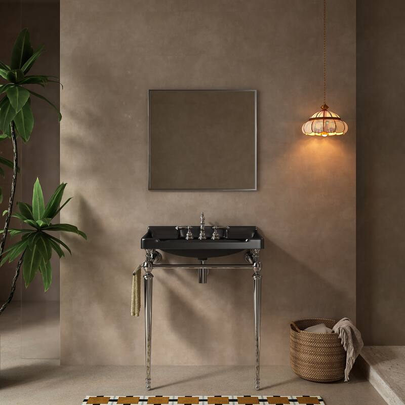 Console Sink, Wall-Mounted Ceramic Vanity Basin，Freestanding Stainless Steel Support Legs With Towel Bar, No Faucet - Black,Chrome