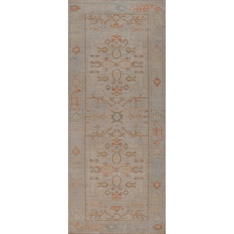 Hand Knotted Oriental 100% Wool Carpet Transitional Geometric Beige & Ivories Oushak Runner Rug - 8' 2'' X 2' 8''