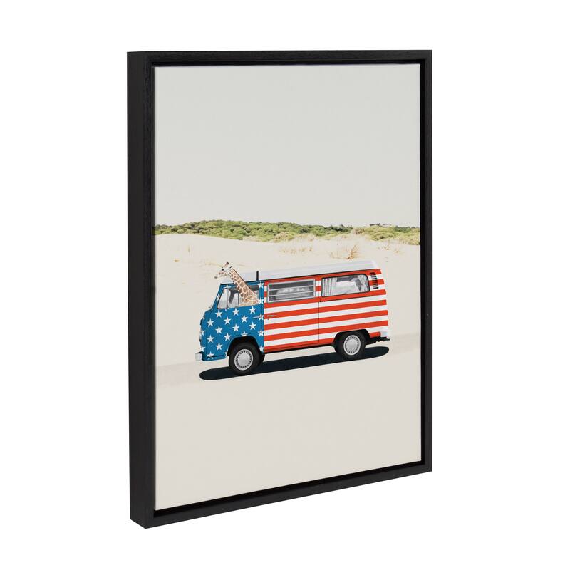 Kate and Laurel Sylvie USA Retro Beach Van Framed Canvas by July Art Prints - 18x24 - Black