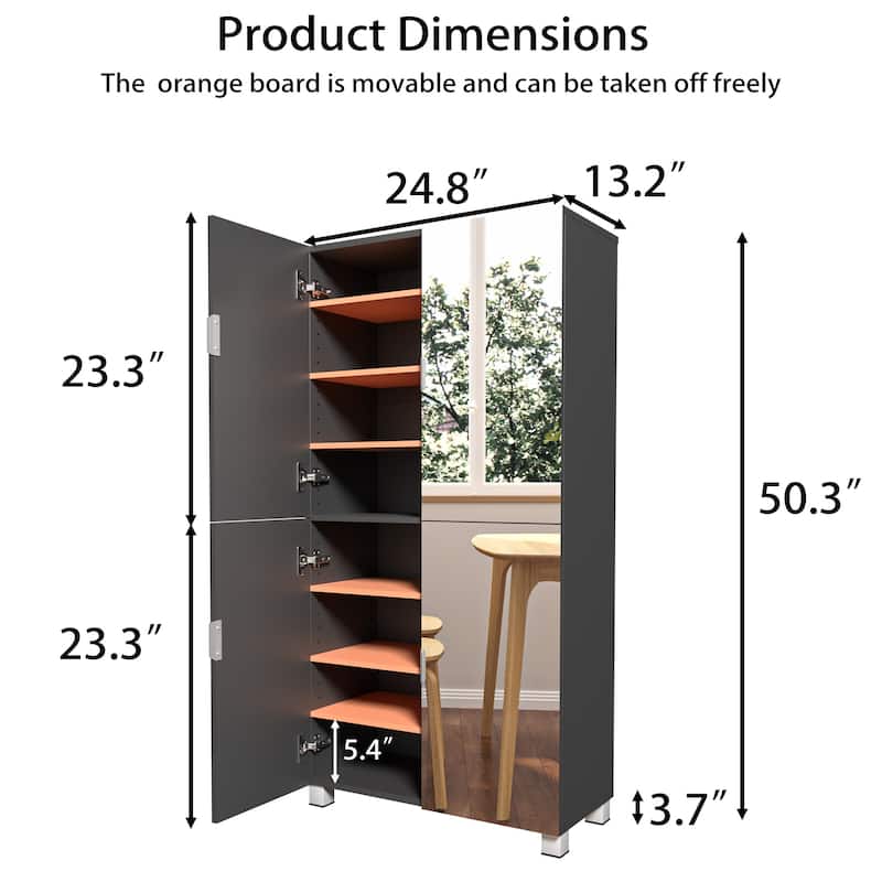 50" Mirrored Shoe Cabinet with 4 Doors, Adjustable Shelves, Ventilation Holes & Large Capacity Storage for Entryway