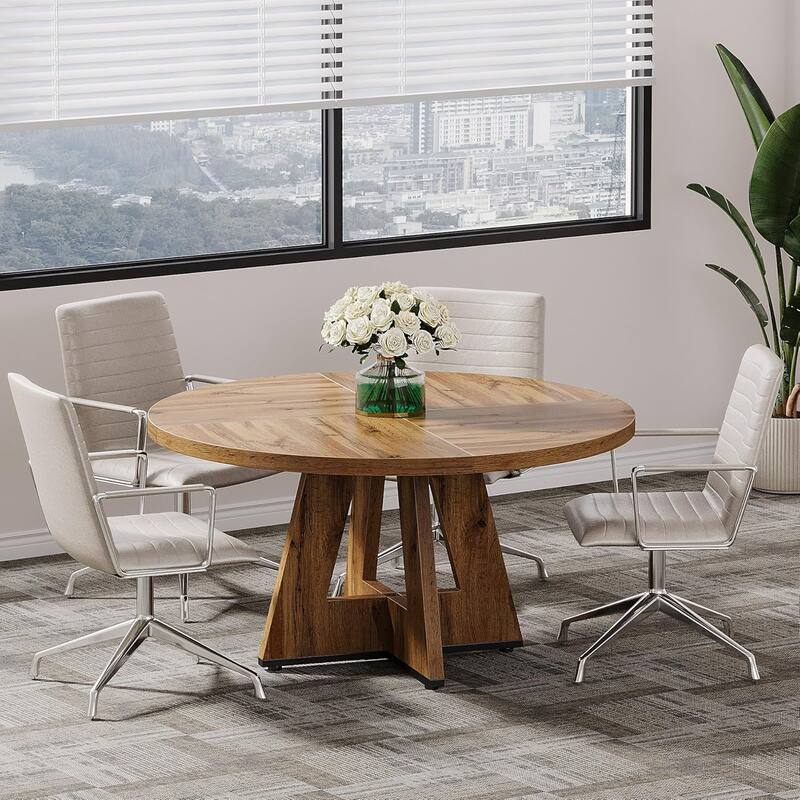 47" Round Conference Table Meeting Room Table with Thickened Top Wood Base Modern Training Desk for Conference/Seminar Room