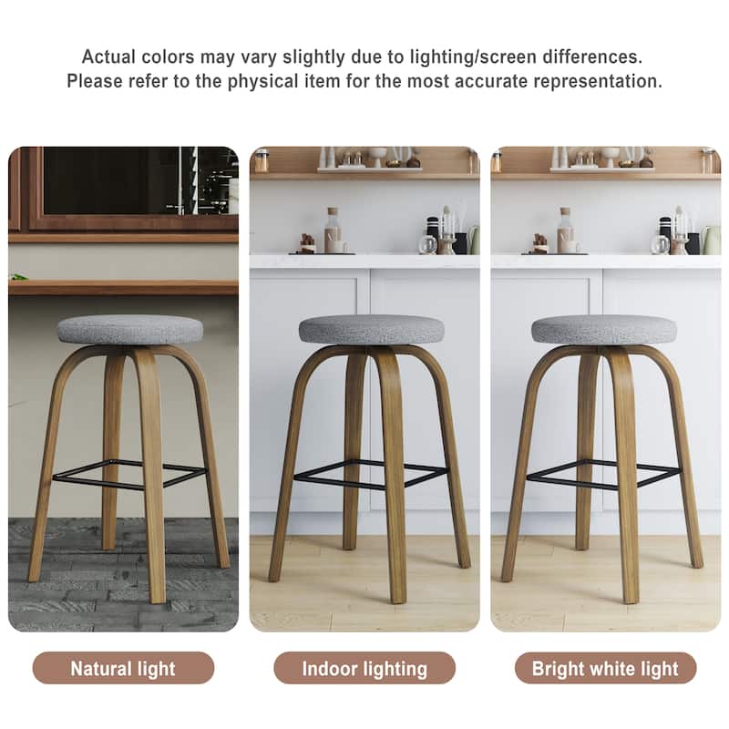 Swivel Bar Stools Set of 2, Bar Height Backless 30″Bar Stool, Fabric Upholstered Seat, Sturdy Wood Legs and Metal Footrest