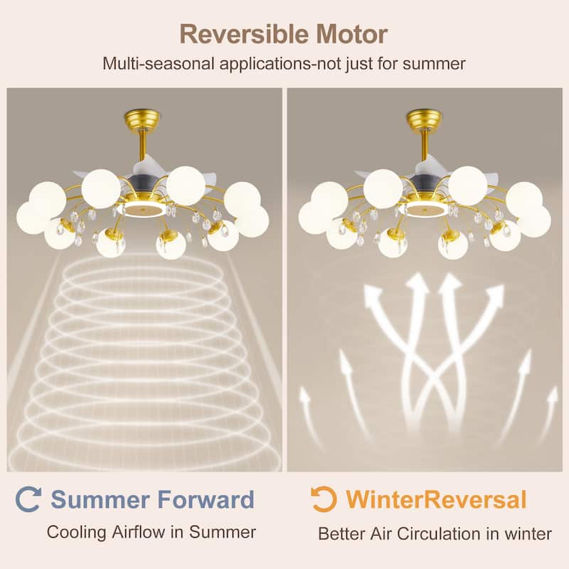 31in. Indoor Gold Modern Ceiling Fan with Light, Reversible Fandelier with Light Bulbs and Remote for Living Room