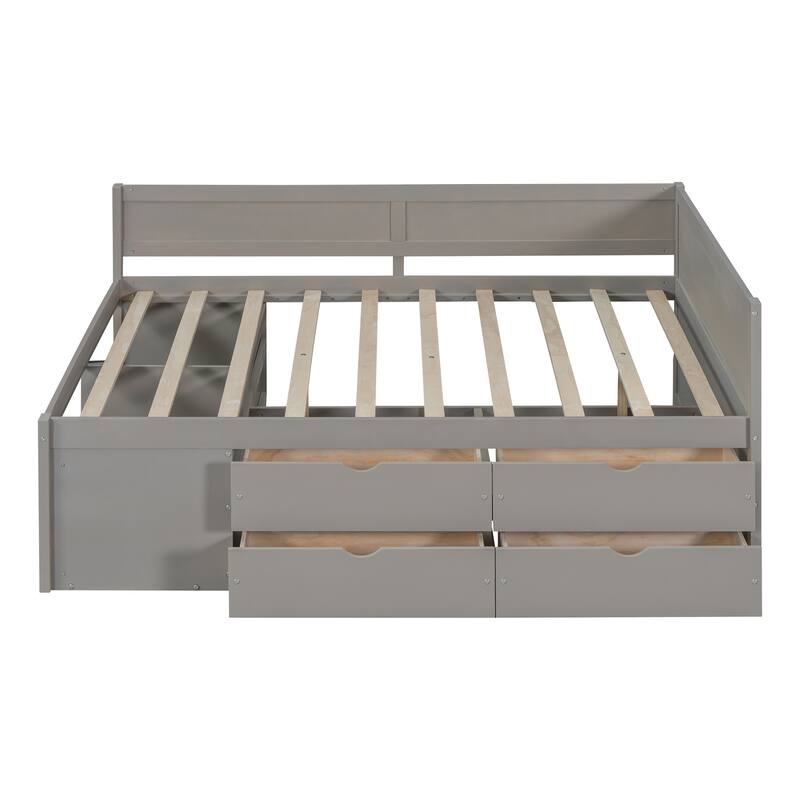 Storage Bunk Bed with Trundle, Full/Twin Size Bed Frame with 3 Drawers and Shelves