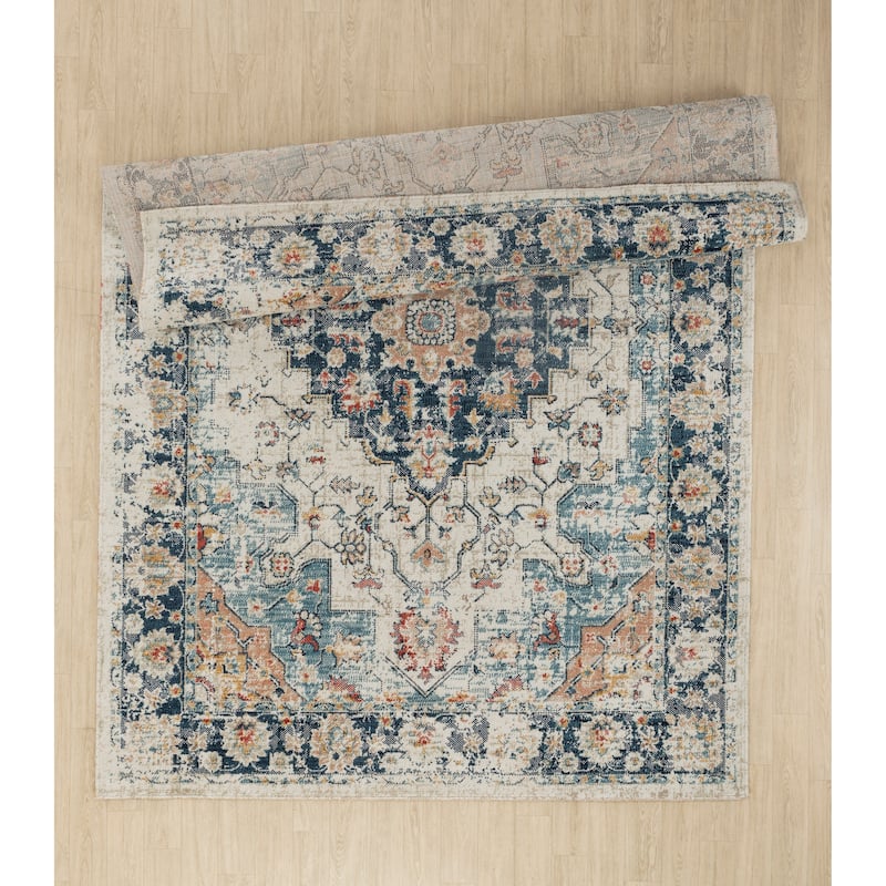 Trellis Cream, navy, beige, rose, blue and red Abstract Indoor/Outdoor Rug