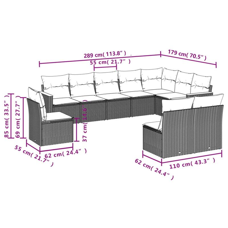 vidaXL Patio Sofa Set with Cushions Outdoor Conversation Furniture Poly Rattan - 24.4x 24.4x 27.2