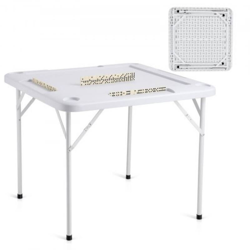 White HDPE 4 Player Folding Card Table with 4 Cup Holders and Chip Trays - 35.43 x 35.43 x 29.13