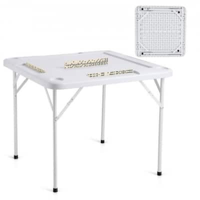 White HDPE 4 Player Folding Card Table with 4 Cup Holders and Chip Trays - 35.43 x 35.43 x 29.13