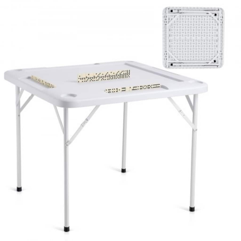 White HDPE 4 Player Folding Card Table with 4 Cup Holders and Chip Trays - 35.43 x 35.43 x 29.13