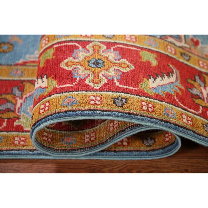 Light Blue Floral Kazak Oriental Area Rug Hand-Knotted Wool Carpet - 4'1"x 6'0"